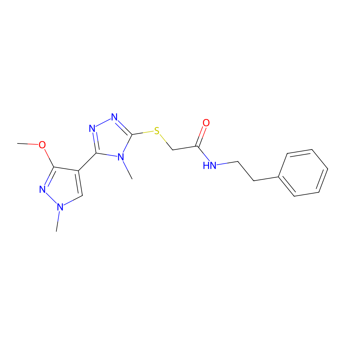 2-((5-(3-methoxy-1-methyl-1H-pyrazol-4-yl)-4-methyl-4H-1,2,4-triazol-3-yl)thio)-N-phenethylacetamide molecular structure, CAS 1014071-52-3