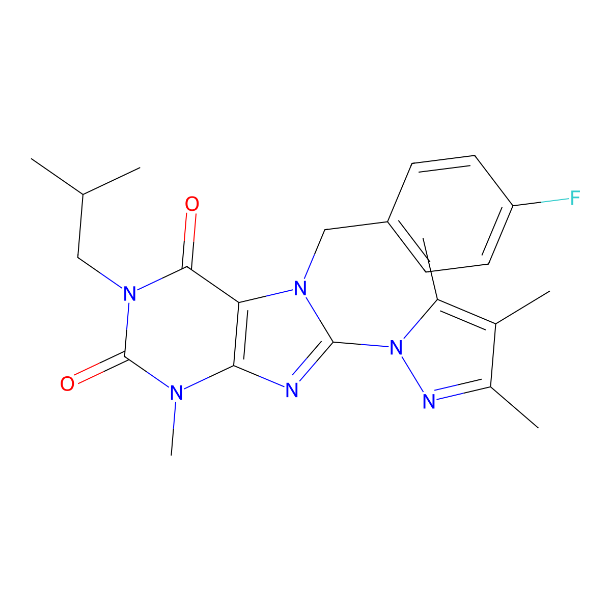 7-(4-fluorobenzyl)-1-isobutyl-3-methyl-8-(3,4,5-trimethyl-1H-pyrazol-1-yl)-1H-purine-2,6(3H,7H)-dione molecular structure, CAS 1014071-56-7