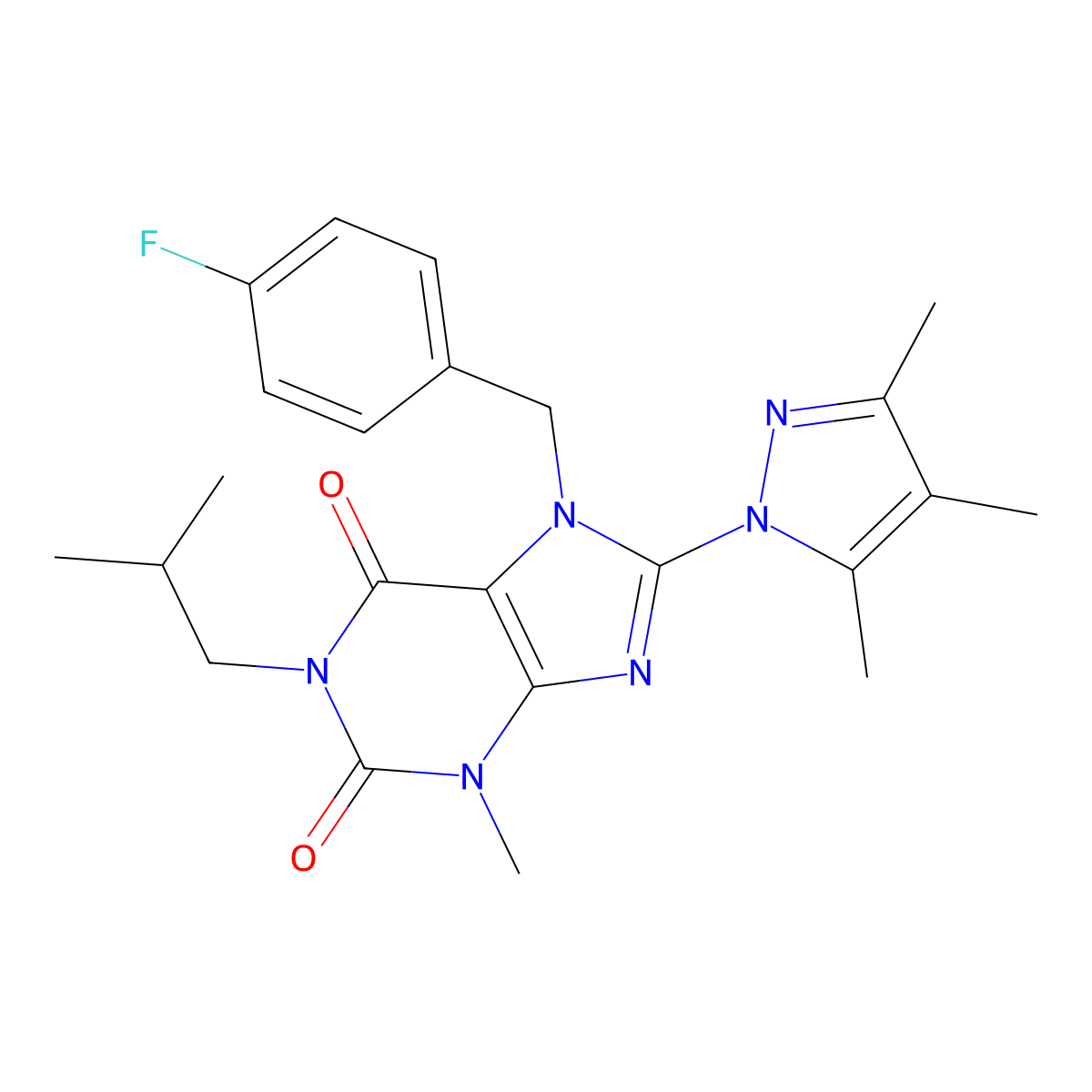 7-(4-fluorobenzyl)-1-isobutyl-3-methyl-8-(3,4,5-trimethyl-1H-pyrazol-1-yl)-1H-purine-2,6(3H,7H)-dione molecular structure, CAS 1014071-56-7