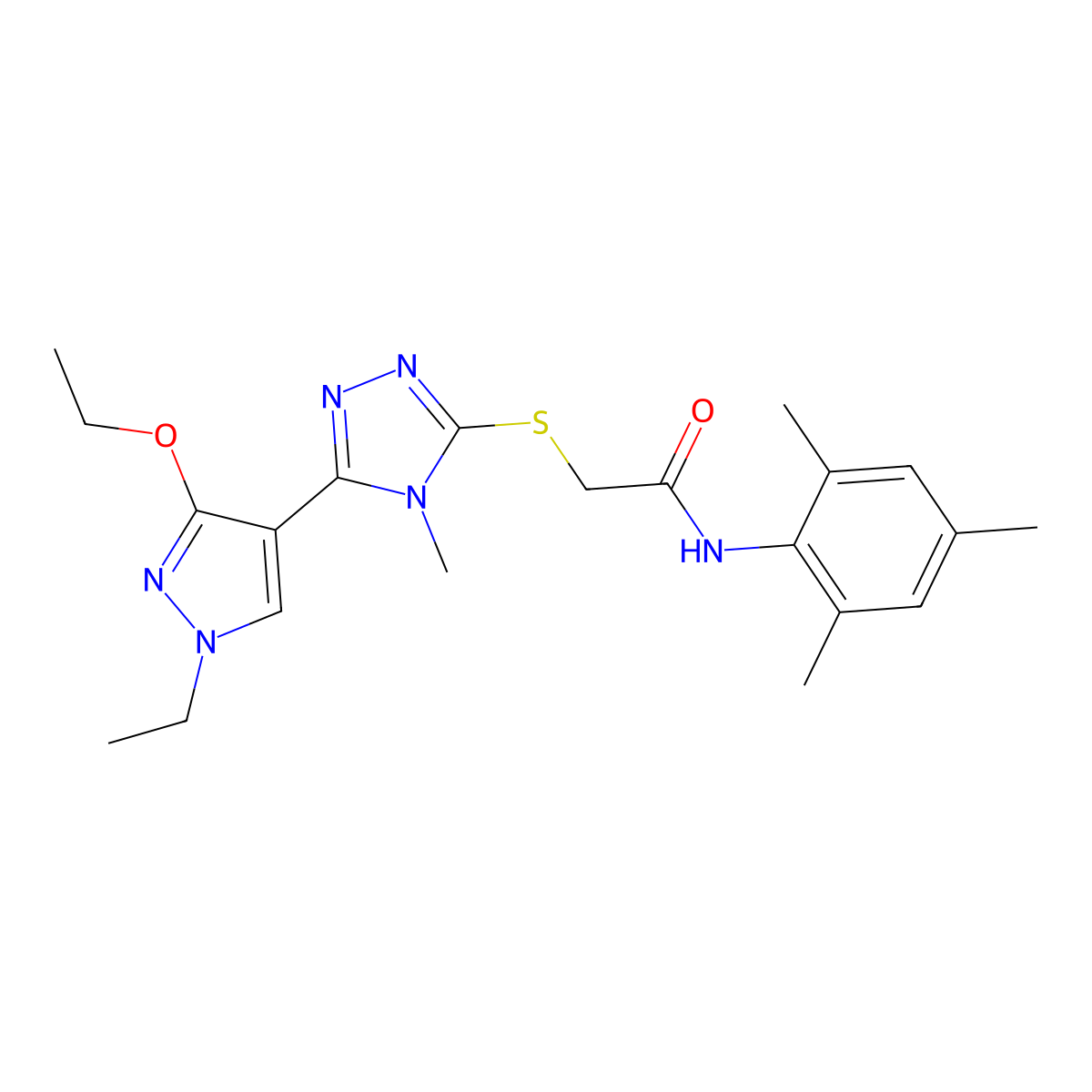 2-((5-(3-ethoxy-1-ethyl-1H-pyrazol-4-yl)-4-methyl-4H-1,2,4-triazol-3-yl)thio)-N-mesitylacetamide molecular structure, CAS 1014072-08-2