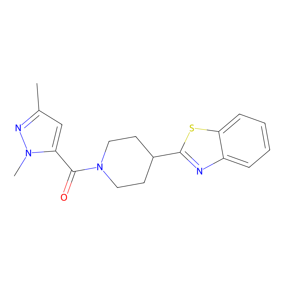 (4-(benzo[d]thiazol-2-yl)piperidin-1-yl)(1,3-dimethyl-1H-pyrazol-5-yl)methanone molecular structure, CAS 1014072-11-7