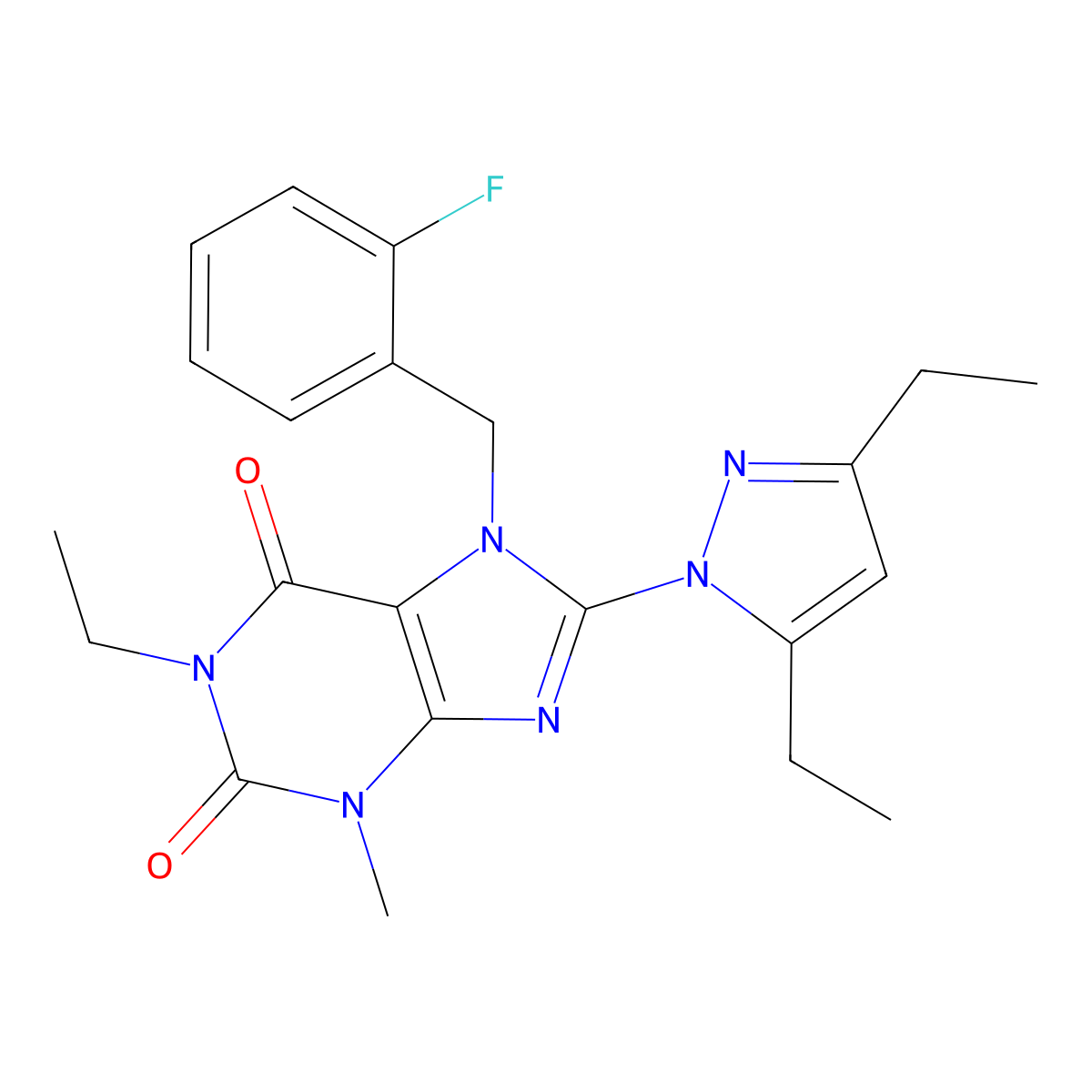 8-(3,5-diethyl-1H-pyrazol-1-yl)-1-ethyl-7-(2-fluorobenzyl)-3-methyl-1H-purine-2,6(3H,7H)-dione molecular structure, CAS 1014072-12-8
