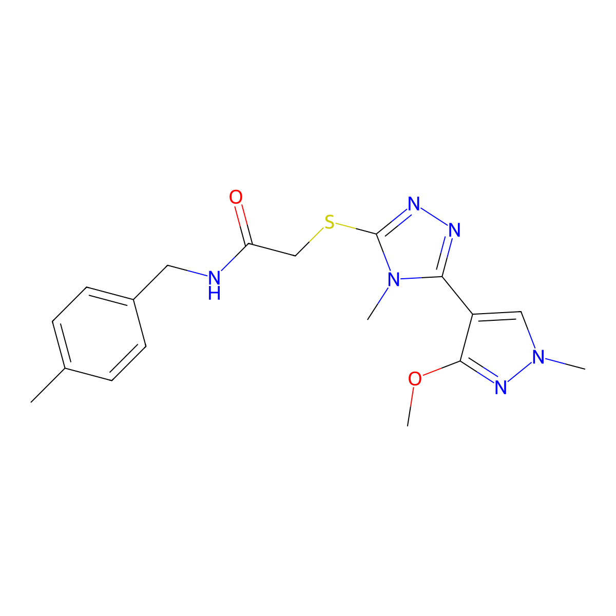 2-((5-(3-methoxy-1-methyl-1H-pyrazol-4-yl)-4-methyl-4H-1,2,4-triazol-3-yl)thio)-N-(4-methylbenzyl)acetamide molecular structure, CAS 1014072-26-4