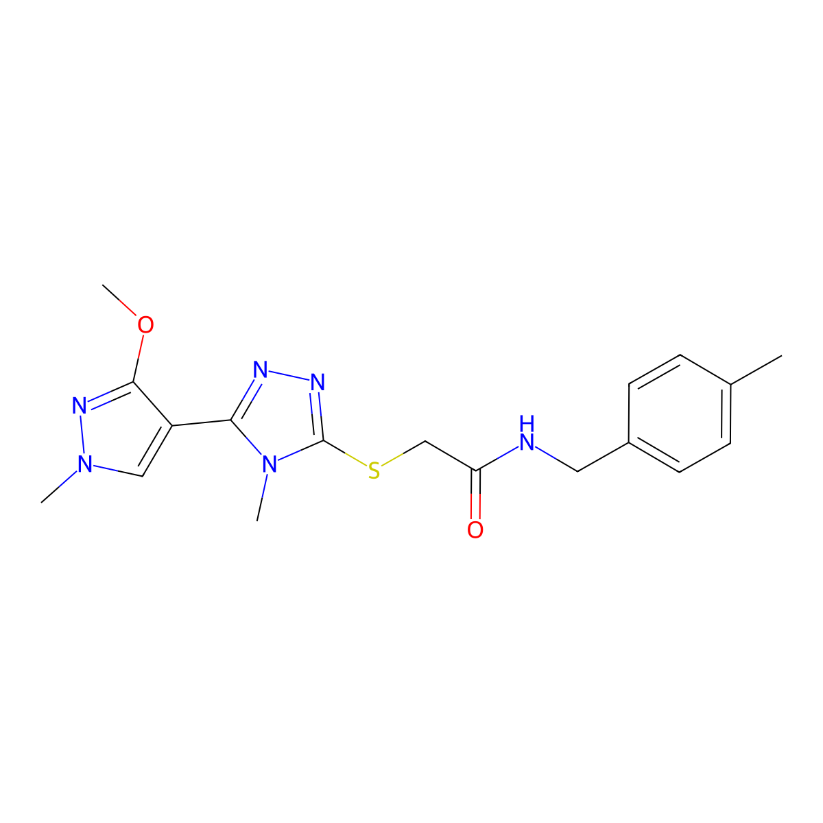 2-((5-(3-methoxy-1-methyl-1H-pyrazol-4-yl)-4-methyl-4H-1,2,4-triazol-3-yl)thio)-N-(4-methylbenzyl)acetamide molecular structure, CAS 1014072-26-4