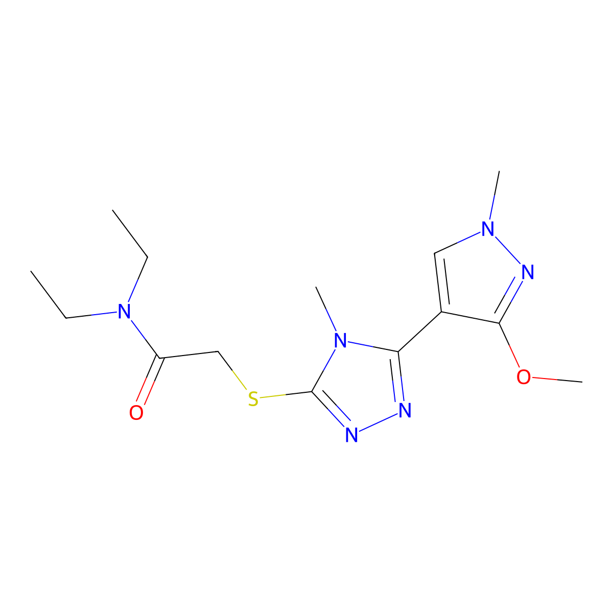N,N-diethyl-2-((5-(3-methoxy-1-methyl-1H-pyrazol-4-yl)-4-methyl-4H-1,2,4-triazol-3-yl)thio)acetamide molecular structure, CAS 1014072-31-1