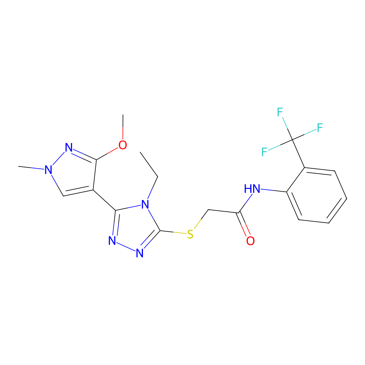 2-((4-ethyl-5-(3-methoxy-1-methyl-1H-pyrazol-4-yl)-4H-1,2,4-triazol-3-yl)thio)-N-(2-(trifluoromethyl)phenyl)acetamide molecular structure, CAS 1014072-32-2