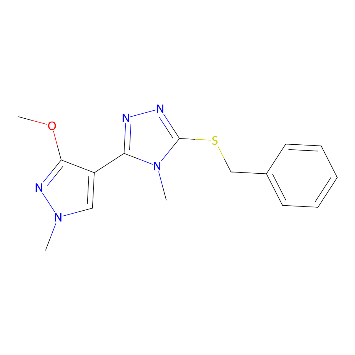 3-(benzylthio)-5-(3-methoxy-1-methyl-1H-pyrazol-4-yl)-4-methyl-4H-1,2,4-triazole molecular structure, CAS 1014072-39-9