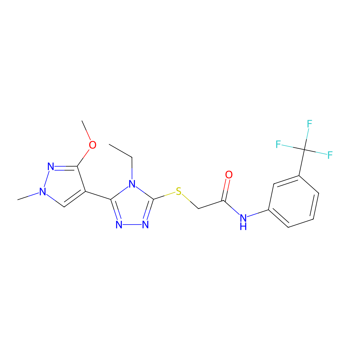 2-((4-ethyl-5-(3-methoxy-1-methyl-1H-pyrazol-4-yl)-4H-1,2,4-triazol-3-yl)thio)-N-(3-(trifluoromethyl)phenyl)acetamide molecular structure, CAS 1014072-43-5