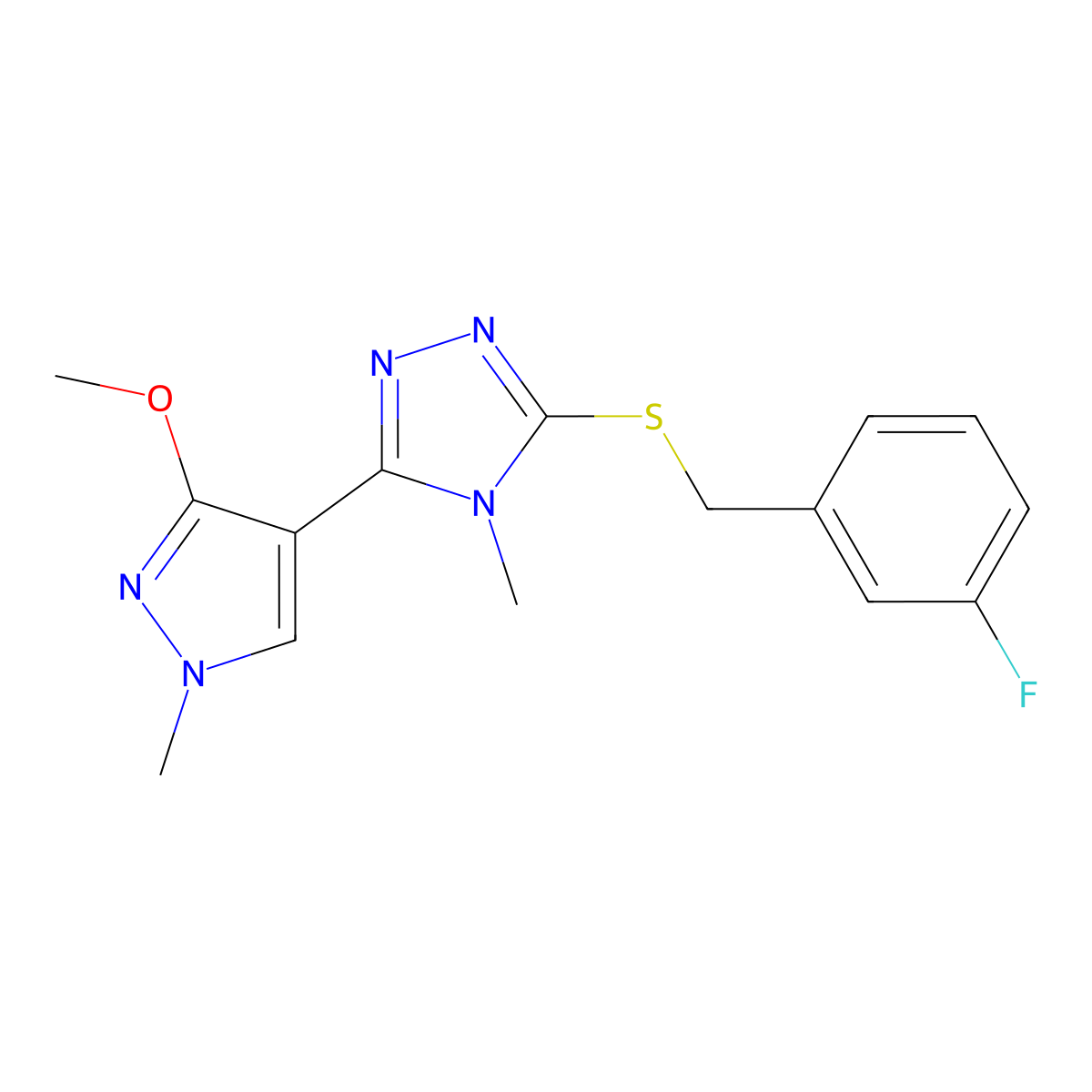 3-((3-fluorobenzyl)thio)-5-(3-methoxy-1-methyl-1H-pyrazol-4-yl)-4-methyl-4H-1,2,4-triazole molecular structure, CAS 1014072-53-7