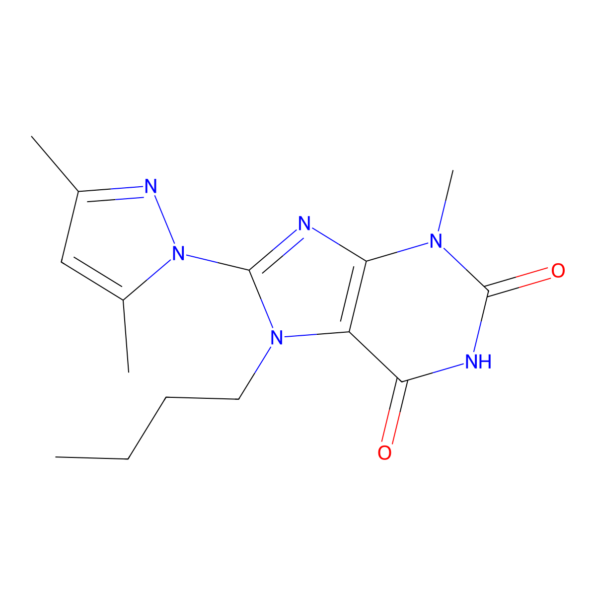 8-(3,5-Dimethylpyrazolyl)-7-butyl-3-methyl-1,3,7-trihydropurine-2,6-dione molecular structure, CAS 1014072-77-5