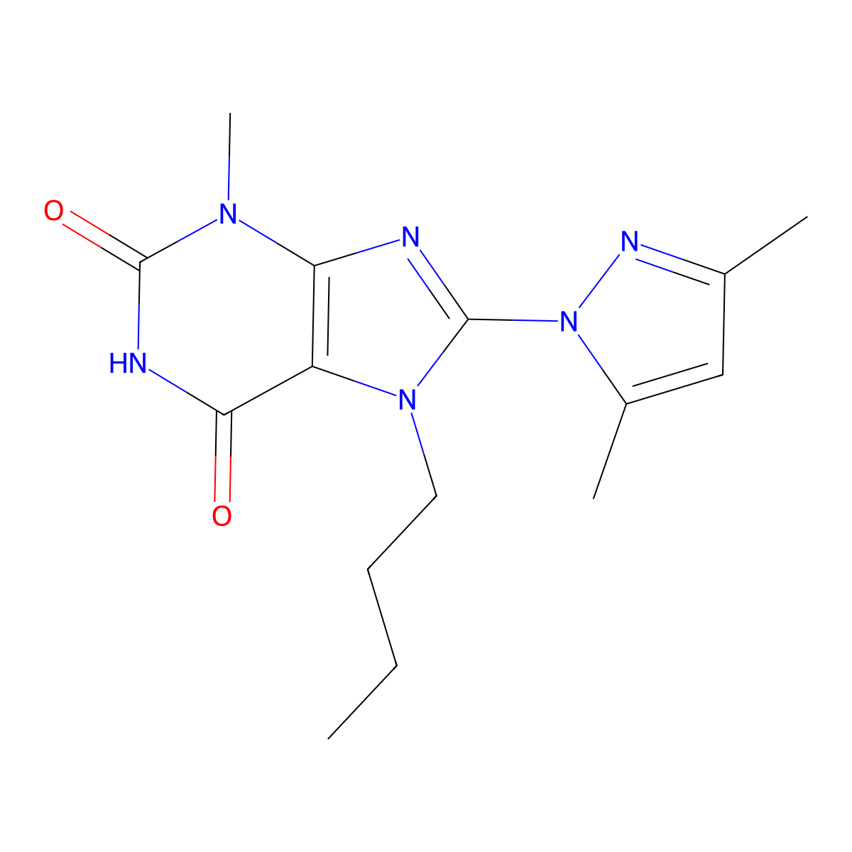 8-(3,5-Dimethylpyrazolyl)-7-butyl-3-methyl-1,3,7-trihydropurine-2,6-dione molecular structure, CAS 1014072-77-5