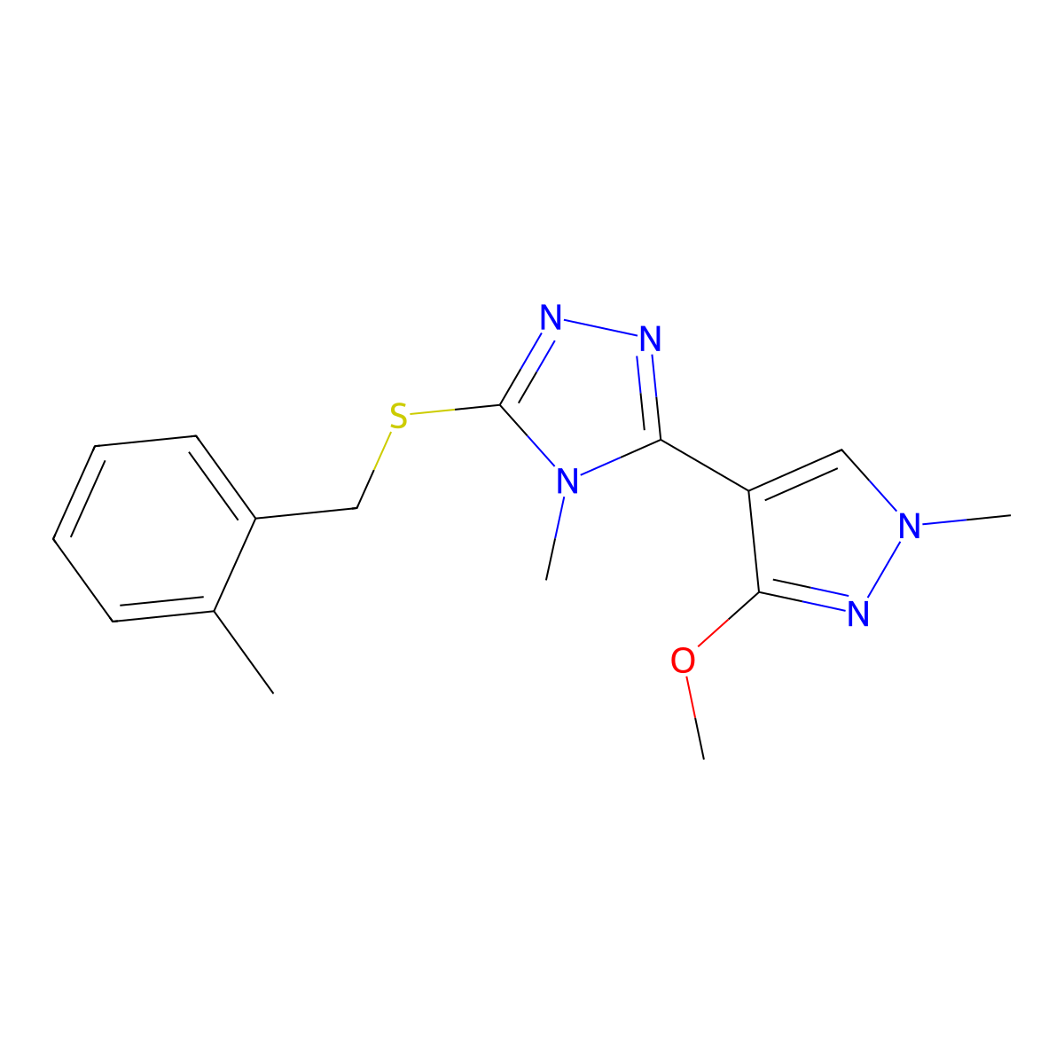 3-(3-methoxy-1-methyl-1H-pyrazol-4-yl)-4-methyl-5-((2-methylbenzyl)thio)-4H-1,2,4-triazole molecular structure, CAS 1014072-81-1