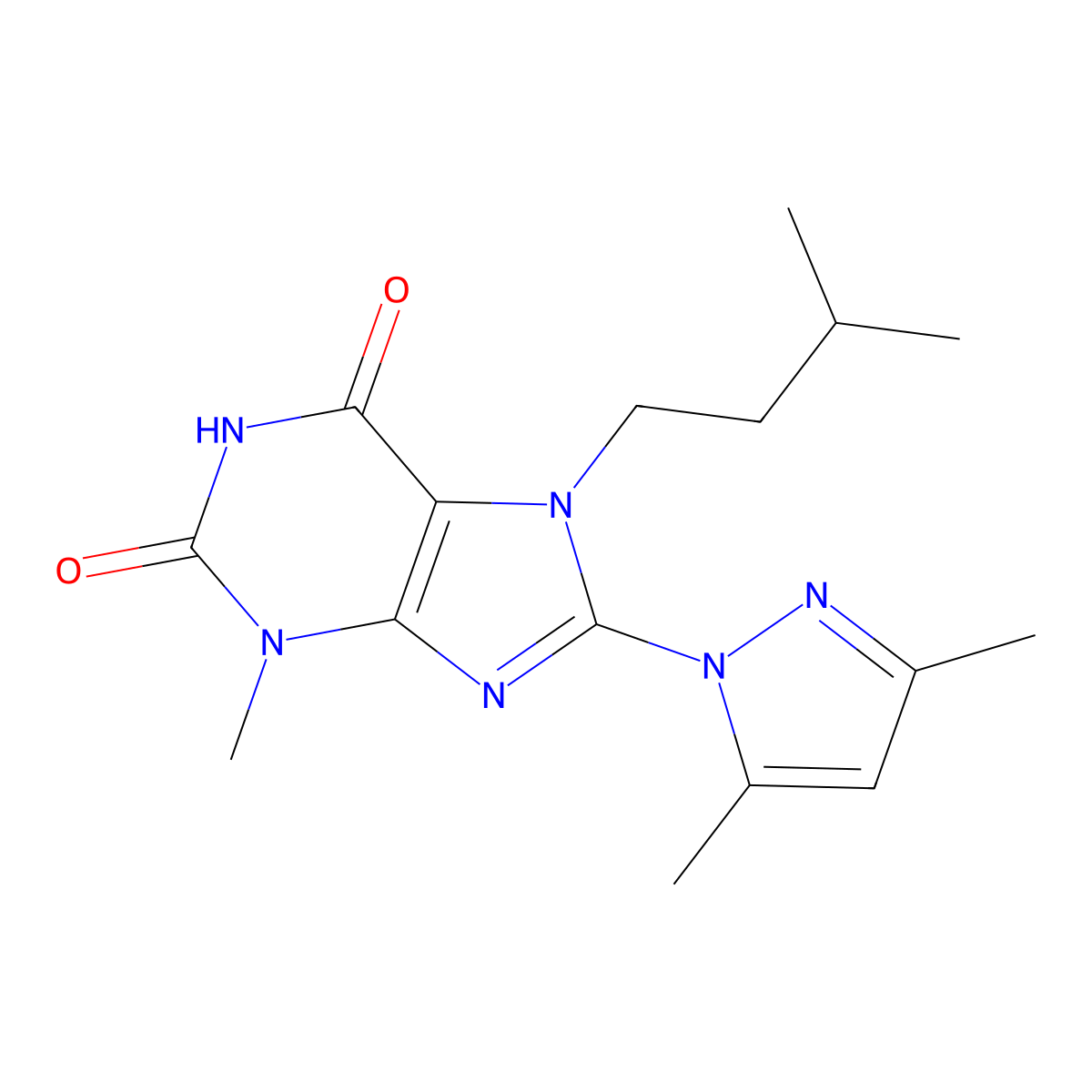 8-(3,5-Dimethyl-1H-pyrazol-1-yl)-7-isopentyl-3-methyl-1H-purine-2,6(3H,7H)-dione molecular structure, CAS 1014072-83-3