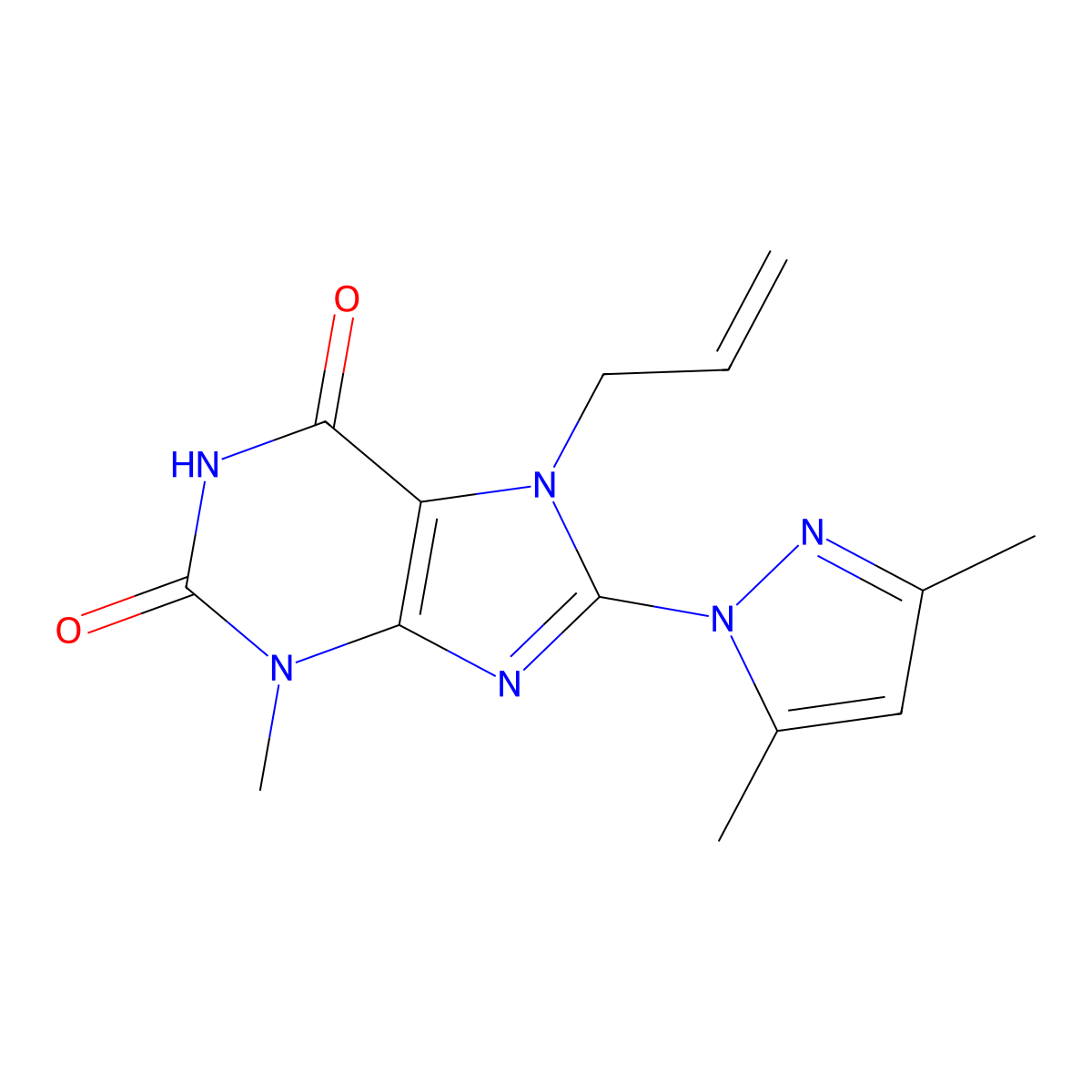 7-Allyl-8-(3,5-dimethyl-1H-pyrazol-1-yl)-3-methyl-1H-purine-2,6(3H,7H)-dione molecular structure, CAS 1014072-84-4