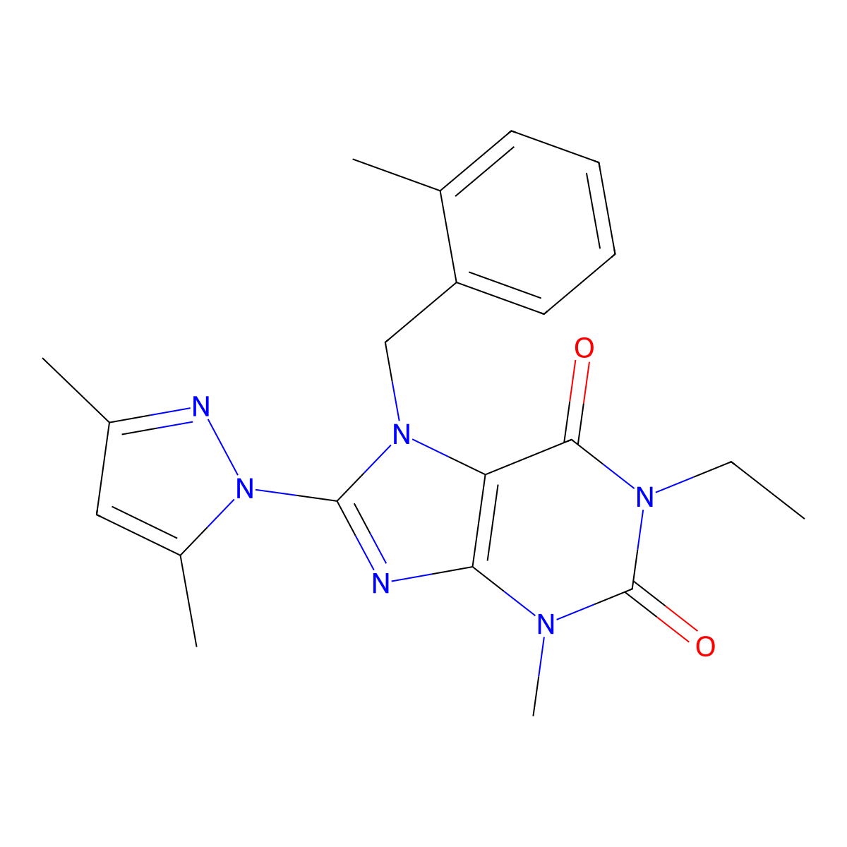 8-(3,5-dimethyl-1H-pyrazol-1-yl)-1-ethyl-3-methyl-7-(2-methylbenzyl)-1H-purine-2,6(3H,7H)-dione molecular structure, CAS 1014072-93-5