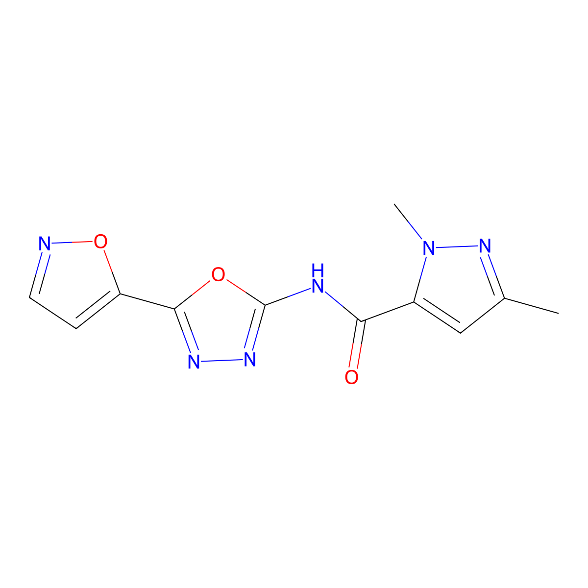 N-(5-(isoxazol-5-yl)-1,3,4-oxadiazol-2-yl)-1,3-dimethyl-1H-pyrazole-5-carboxamide molecular structure, CAS 1014072-94-6