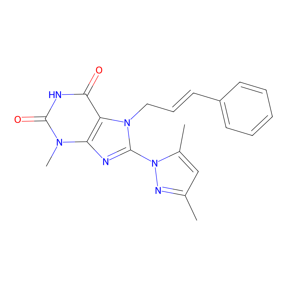 7-Cinnamyl-8-(3,5-dimethyl-1H-pyrazol-1-yl)-3-methyl-1H-purine-2,6(3H,7H)-dione molecular structure, CAS 1014072-96-8