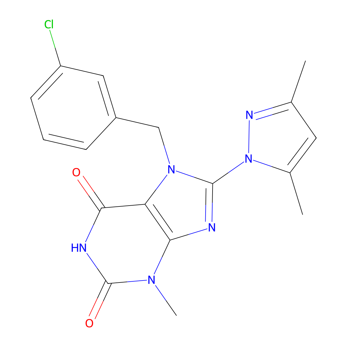 7-(3-chlorobenzyl)-8-(3,5-dimethyl-1H-pyrazol-1-yl)-3-methyl-1H-purine-2,6(3H,7H)-dione molecular structure, CAS 1014072-99-1