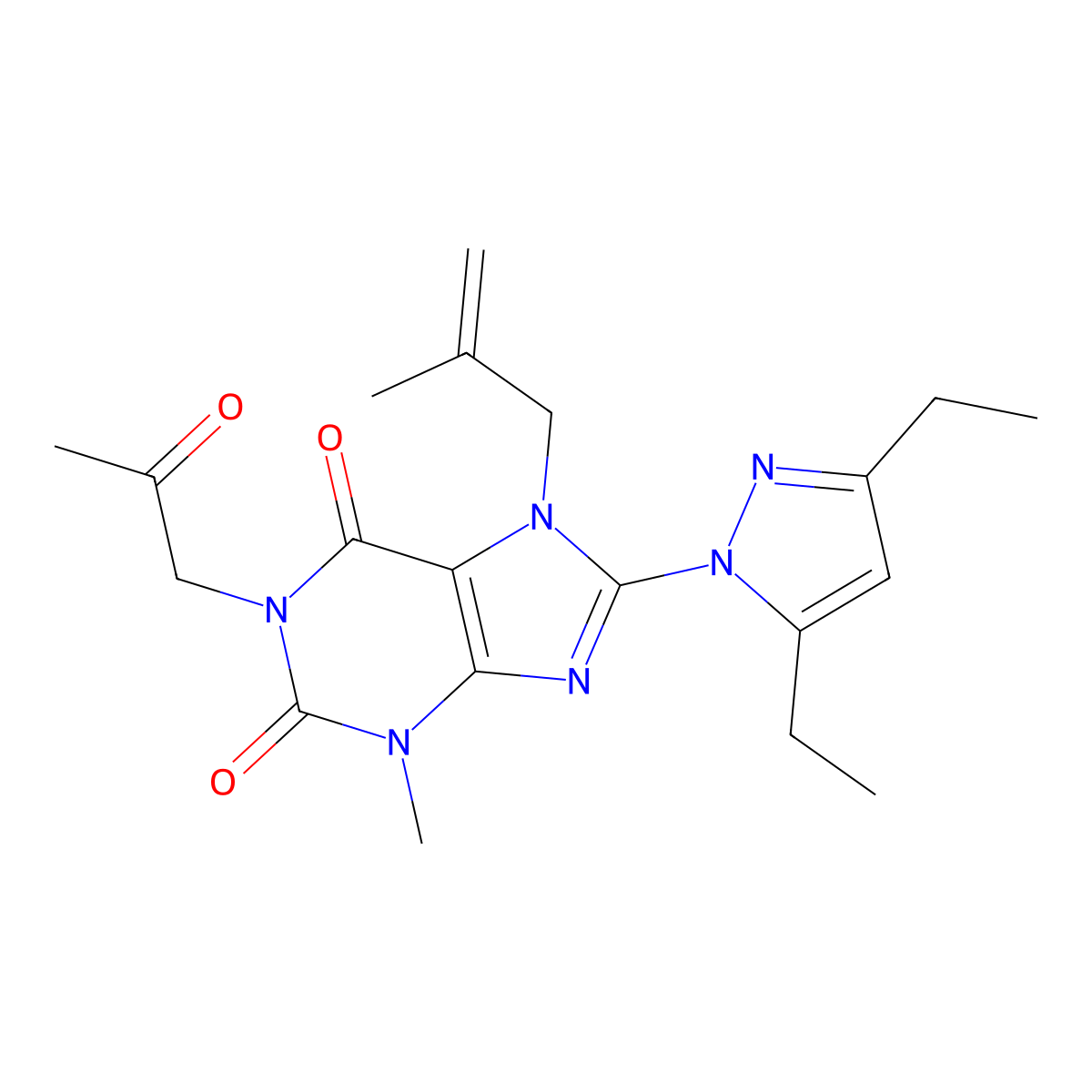 8-(3,5-Diethylpyrazolyl)-3-methyl-7-(2-methylprop-2-enyl)-1-(2-oxopropyl)-1,3, 7-trihydropurine-2,6-dione molecular structure, CAS 1014073-07-4