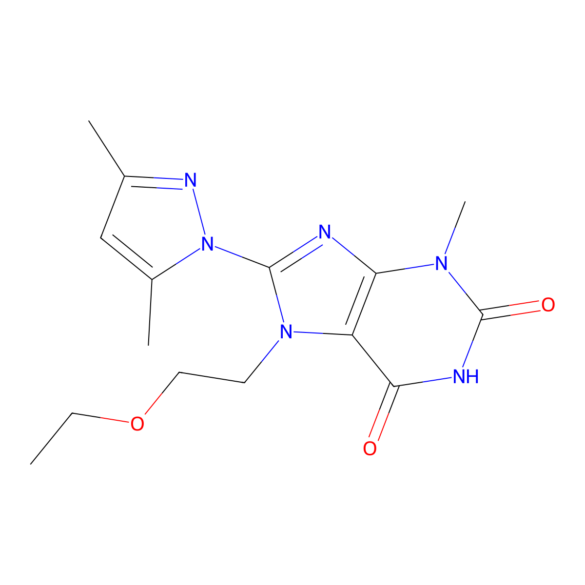 8-(3,5-dimethyl-1H-pyrazol-1-yl)-7-(2-ethoxyethyl)-3-methyl-1H-purine-2,6(3H,7H)-dione molecular structure, CAS 1014073-11-0