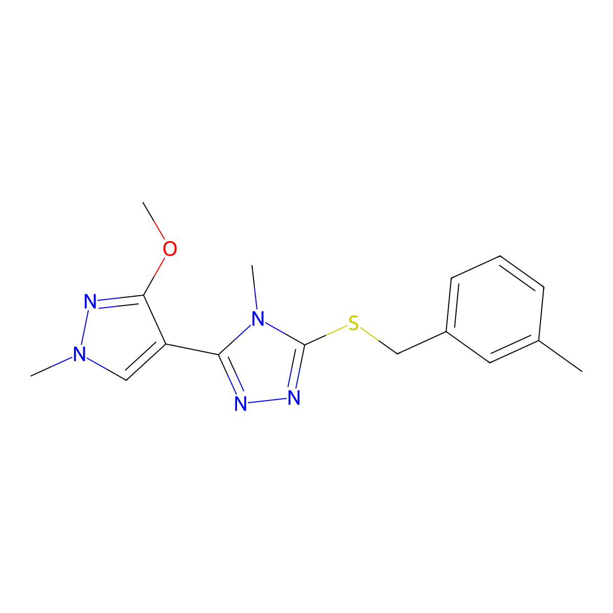 3-(3-methoxy-1-methyl-1H-pyrazol-4-yl)-4-methyl-5-((3-methylbenzyl)thio)-4H-1,2,4-triazole molecular structure, CAS 1014073-13-2