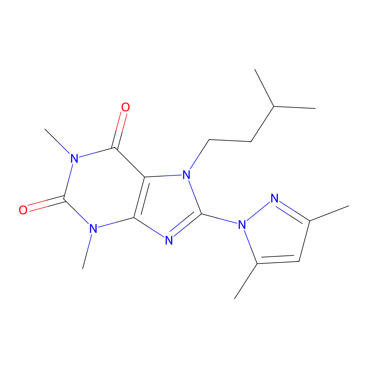 8-(3,5-dimethyl-1H-pyrazol-1-yl)-1,3-dimethyl-7-(3-methylbutyl)-2,3,6,7-tetrahydro-1H-purine-2,6-dione molecular structure, CAS 1014073-14-3