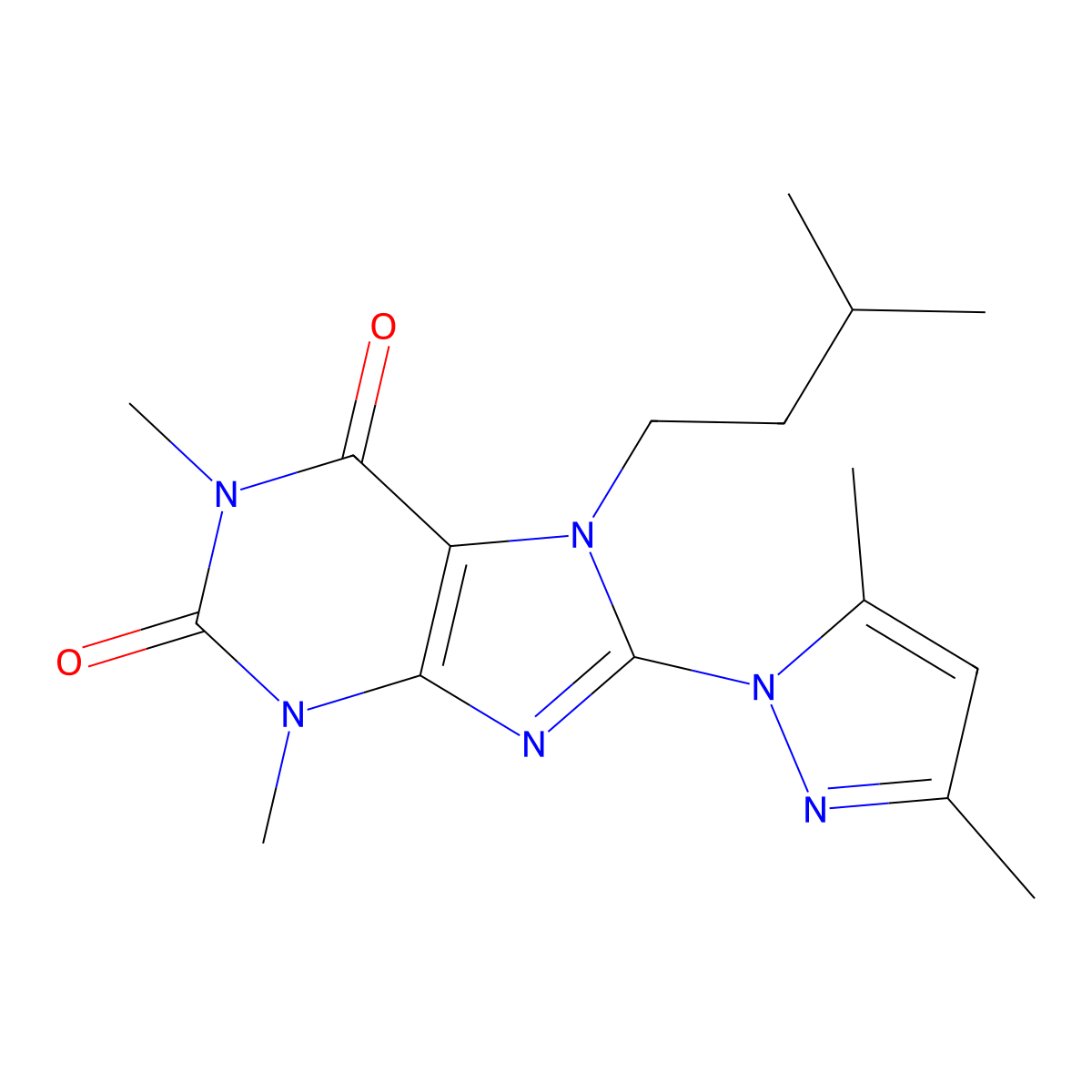 8-(3,5-dimethyl-1H-pyrazol-1-yl)-1,3-dimethyl-7-(3-methylbutyl)-2,3,6,7-tetrahydro-1H-purine-2,6-dione molecular structure, CAS 1014073-14-3