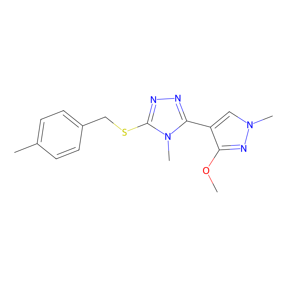 3-(3-methoxy-1-methyl-1H-pyrazol-4-yl)-4-methyl-5-((4-methylbenzyl)thio)-4H-1,2,4-triazole molecular structure, CAS 1014073-23-4