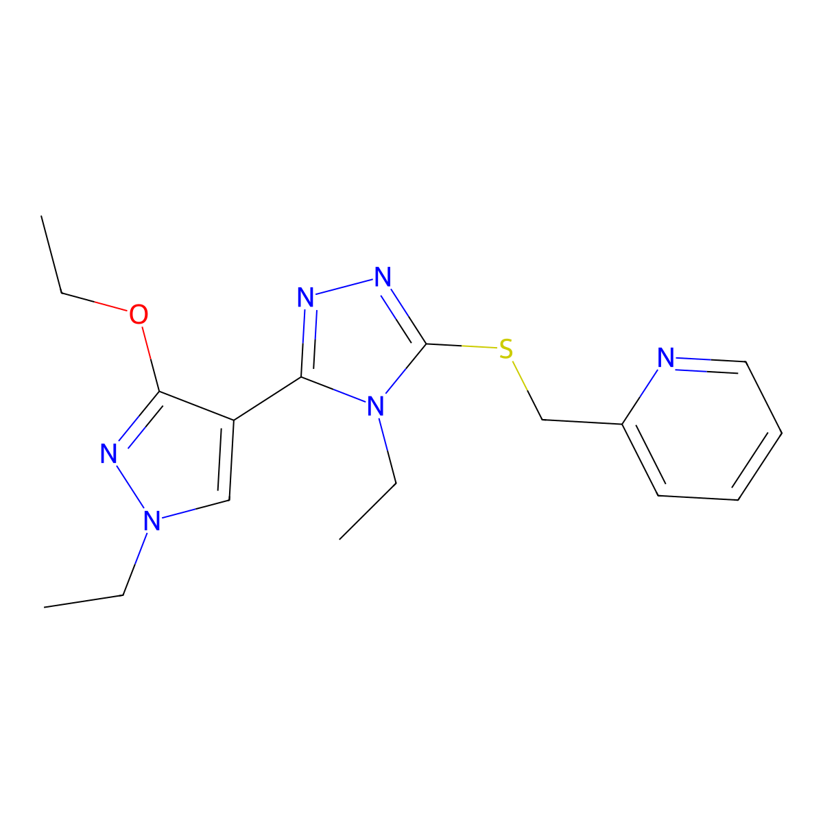 2-(((5-(3-ethoxy-1-ethyl-1H-pyrazol-4-yl)-4-ethyl-4H-1,2,4-triazol-3-yl)thio)methyl)pyridine molecular structure, CAS 1014073-25-6