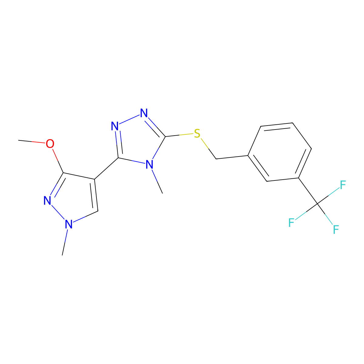 3-(3-methoxy-1-methyl-1H-pyrazol-4-yl)-4-methyl-5-((3-(trifluoromethyl)benzyl)thio)-4H-1,2,4-triazole molecular structure, CAS 1014073-31-4