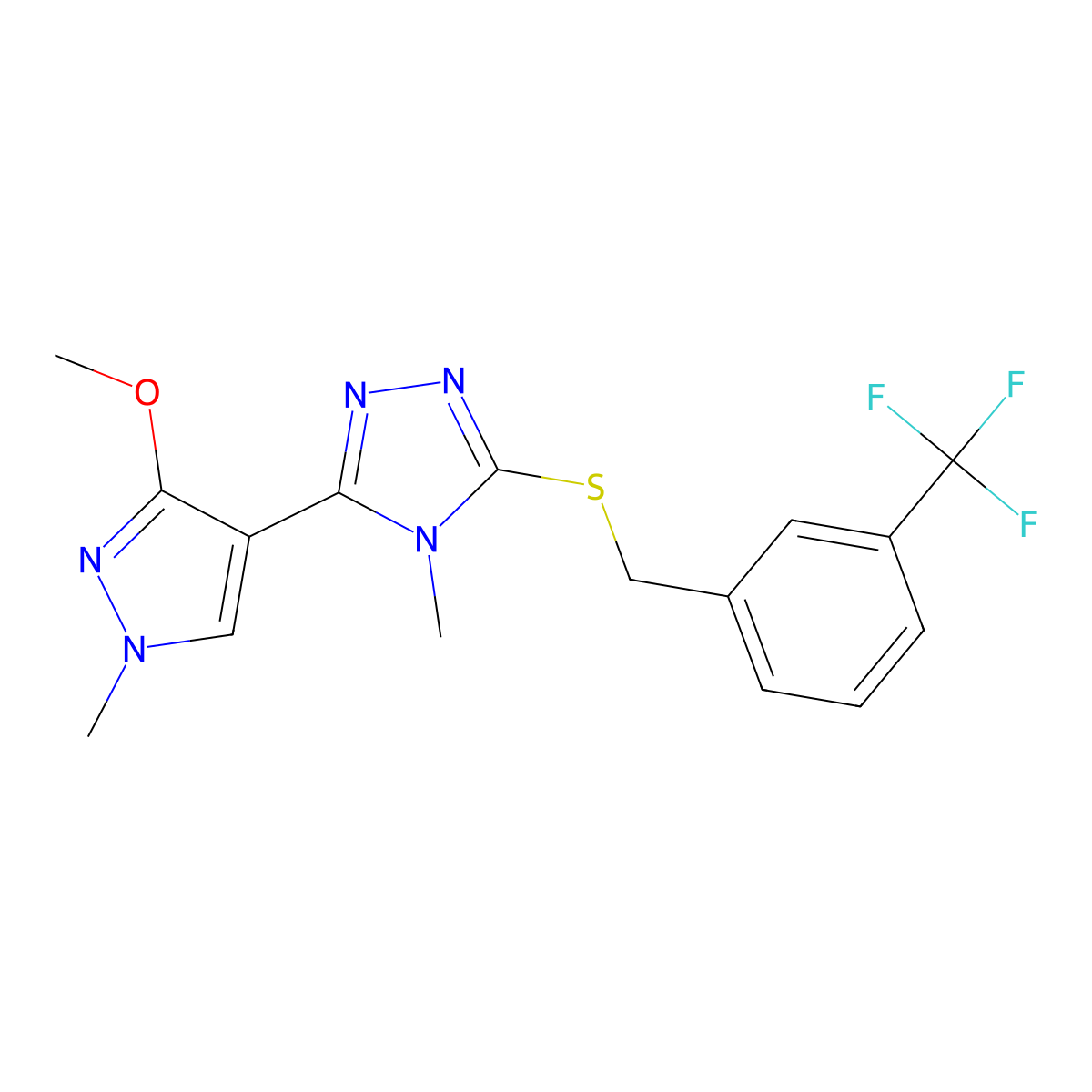 3-(3-methoxy-1-methyl-1H-pyrazol-4-yl)-4-methyl-5-((3-(trifluoromethyl)benzyl)thio)-4H-1,2,4-triazole molecular structure, CAS 1014073-31-4