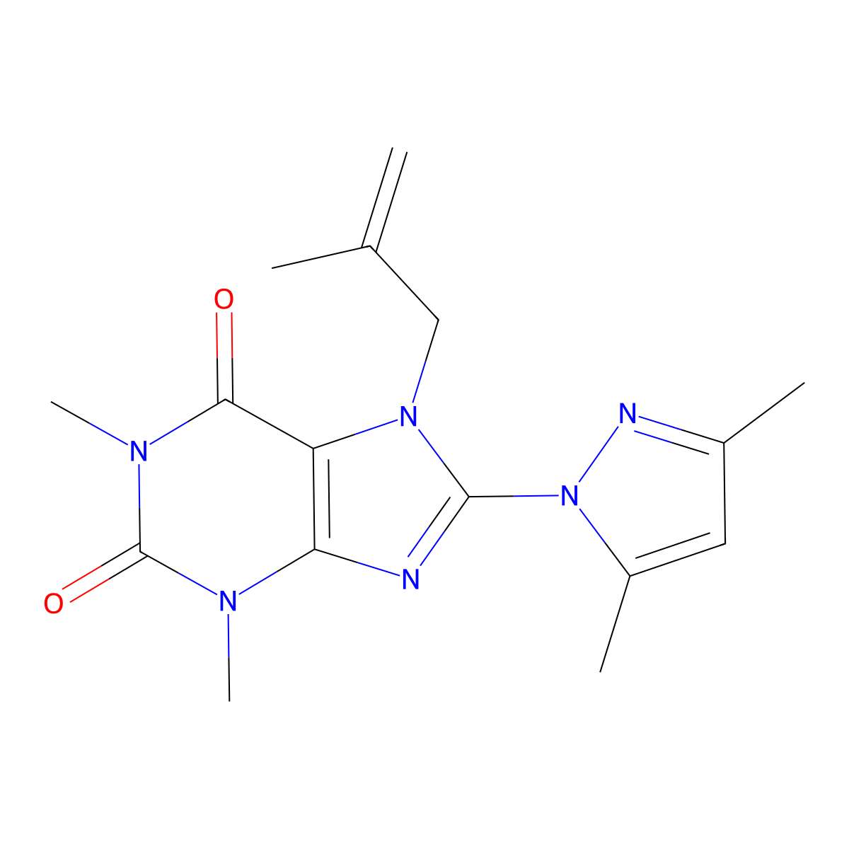 8-(3,5-dimethyl-1H-pyrazol-1-yl)-1,3-dimethyl-7-(2-methylprop-2-en-1-yl)-2,3,6,7-tetrahydro-1H-purine-2,6-dione molecular structure, CAS 1014073-34-7