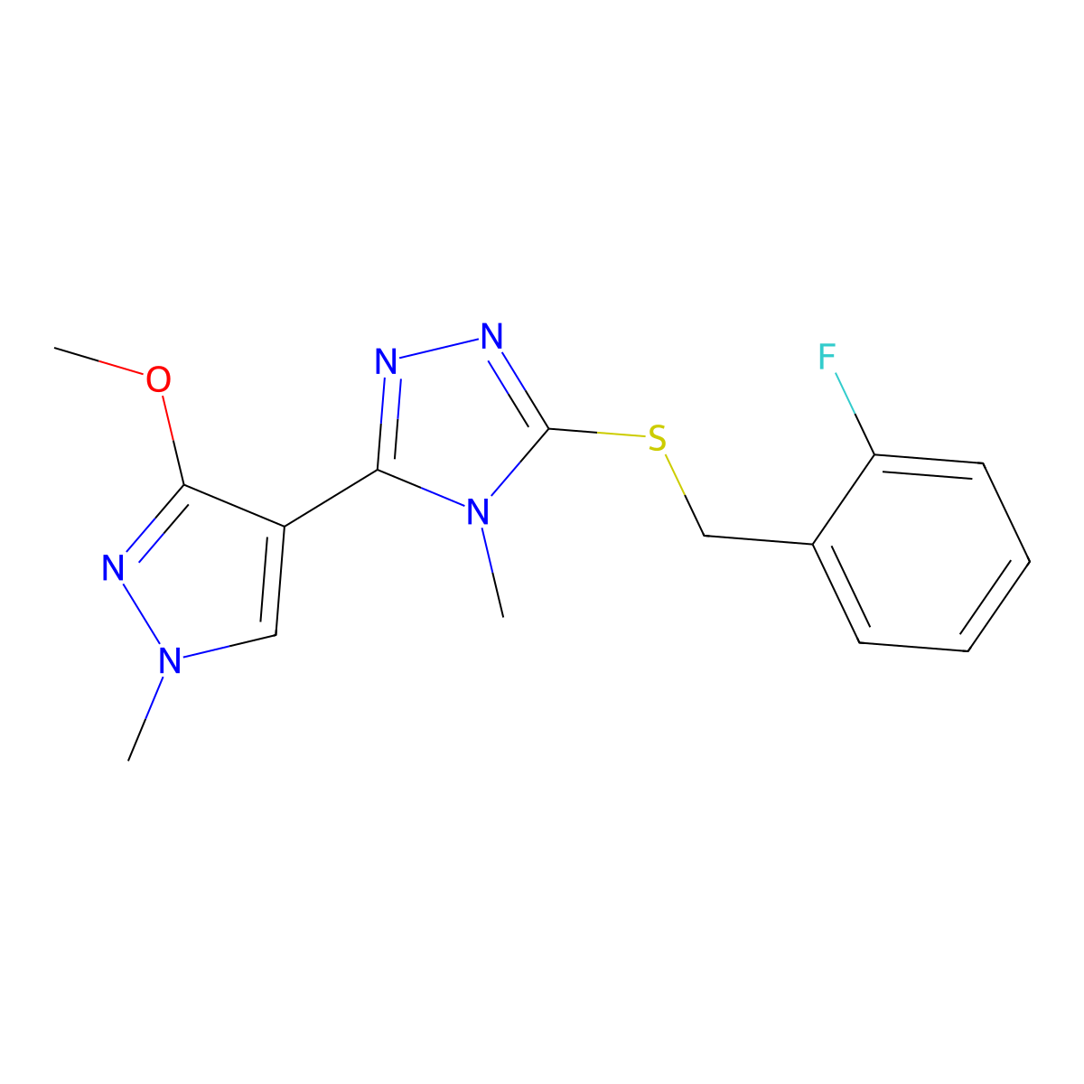 3-((2-fluorobenzyl)thio)-5-(3-methoxy-1-methyl-1H-pyrazol-4-yl)-4-methyl-4H-1,2,4-triazole molecular structure, CAS 1014073-60-9
