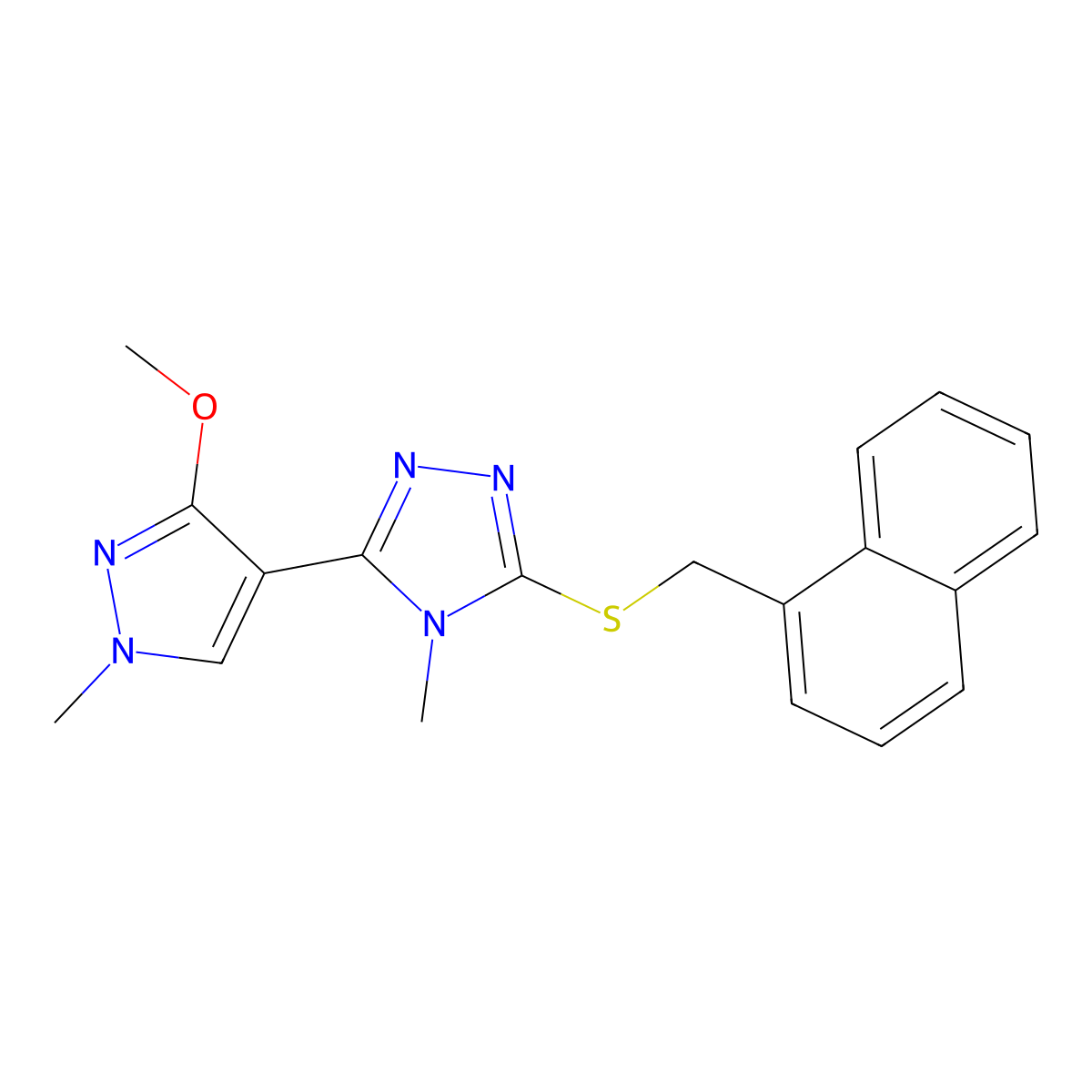3-(3-methoxy-1-methyl-1H-pyrazol-4-yl)-4-methyl-5-((naphthalen-1-ylmethyl)thio)-4H-1,2,4-triazole molecular structure, CAS 1014073-67-6