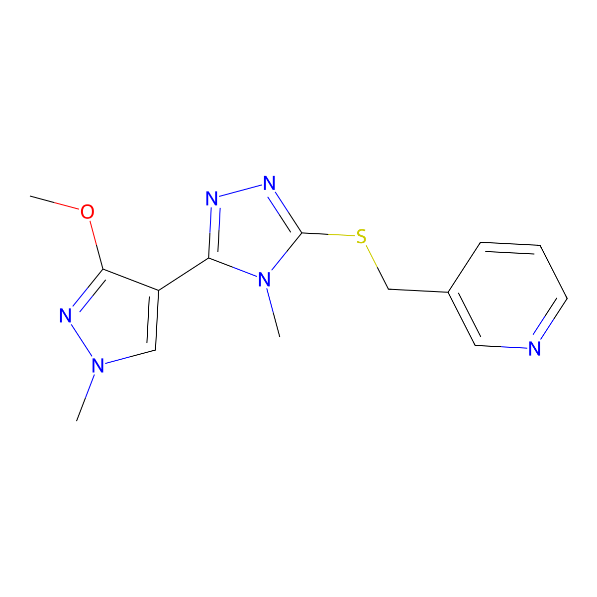 3-(((5-(3-methoxy-1-methyl-1H-pyrazol-4-yl)-4-methyl-4H-1,2,4-triazol-3-yl)thio)methyl)pyridine molecular structure, CAS 1014073-76-7