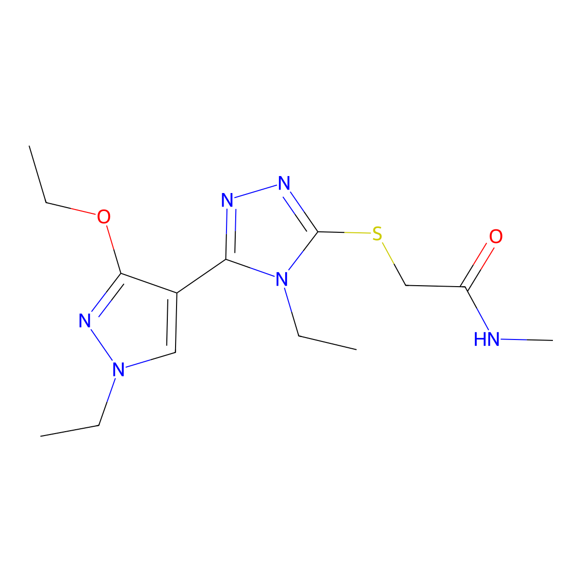 2-((5-(3-ethoxy-1-ethyl-1H-pyrazol-4-yl)-4-ethyl-4H-1,2,4-triazol-3-yl)thio)-N-methylacetamide molecular structure, CAS 1014073-85-8