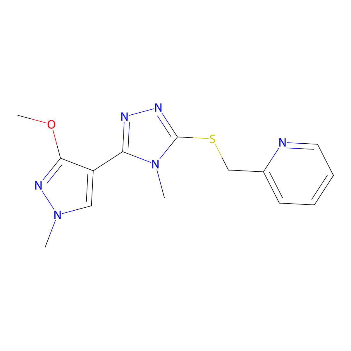 2-(((5-(3-methoxy-1-methyl-1H-pyrazol-4-yl)-4-methyl-4H-1,2,4-triazol-3-yl)thio)methyl)pyridine molecular structure, CAS 1014073-91-6
