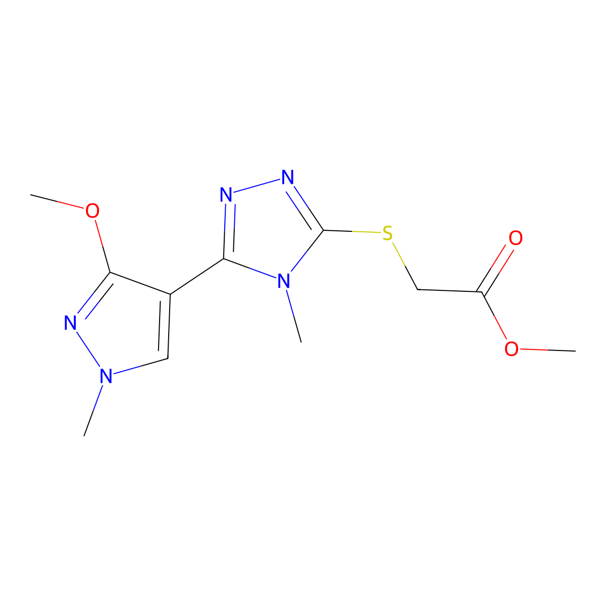 methyl 2-{[5-(3-methoxy-1-methyl-1H-pyrazol-4-yl)-4-methyl-4H-1,2,4-triazol-3-yl]sulfanyl}acetate molecular structure, CAS 1014074-00-0