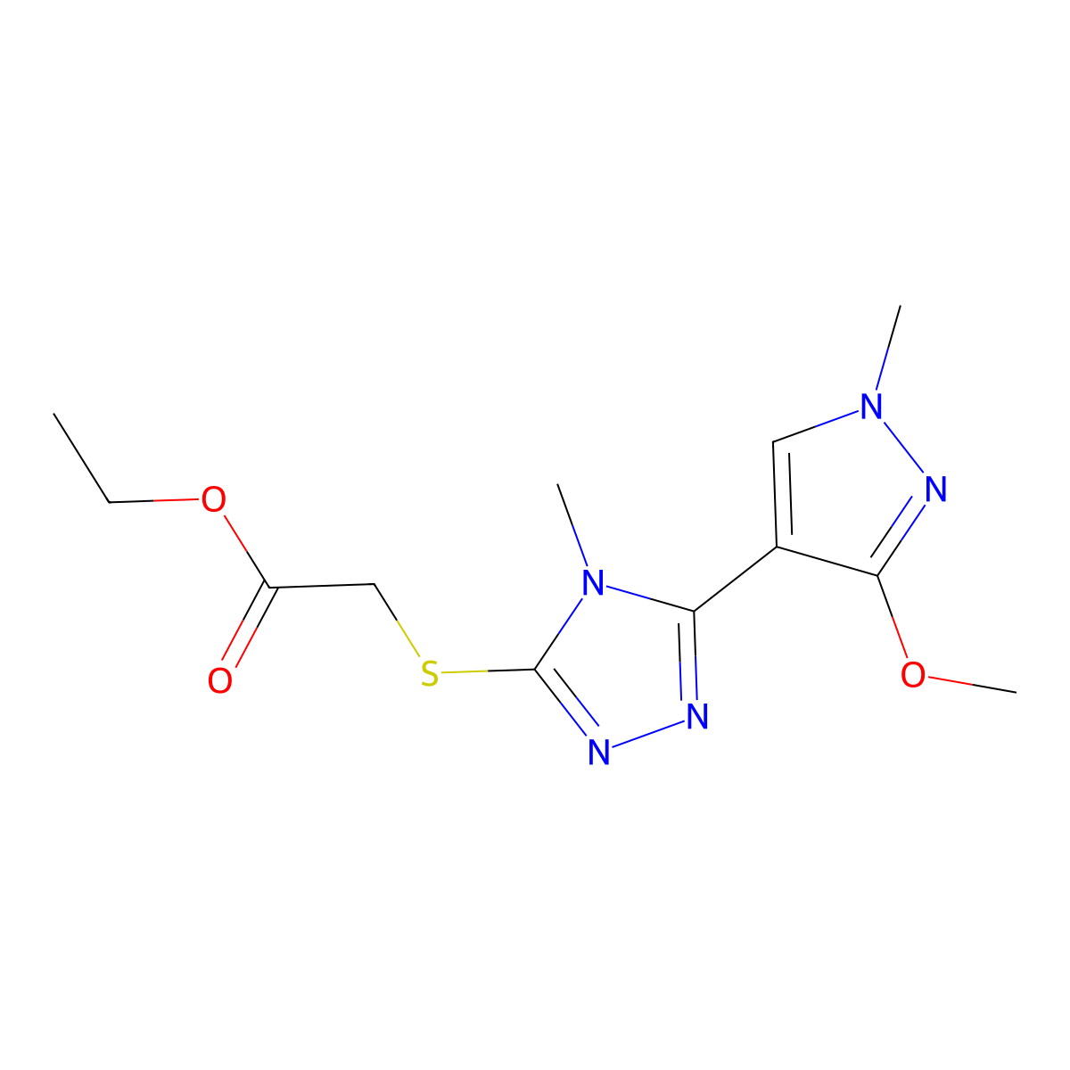 ethyl 2-((5-(3-methoxy-1-methyl-1H-pyrazol-4-yl)-4-methyl-4H-1,2,4-triazol-3-yl)thio)acetate molecular structure, CAS 1014074-07-7