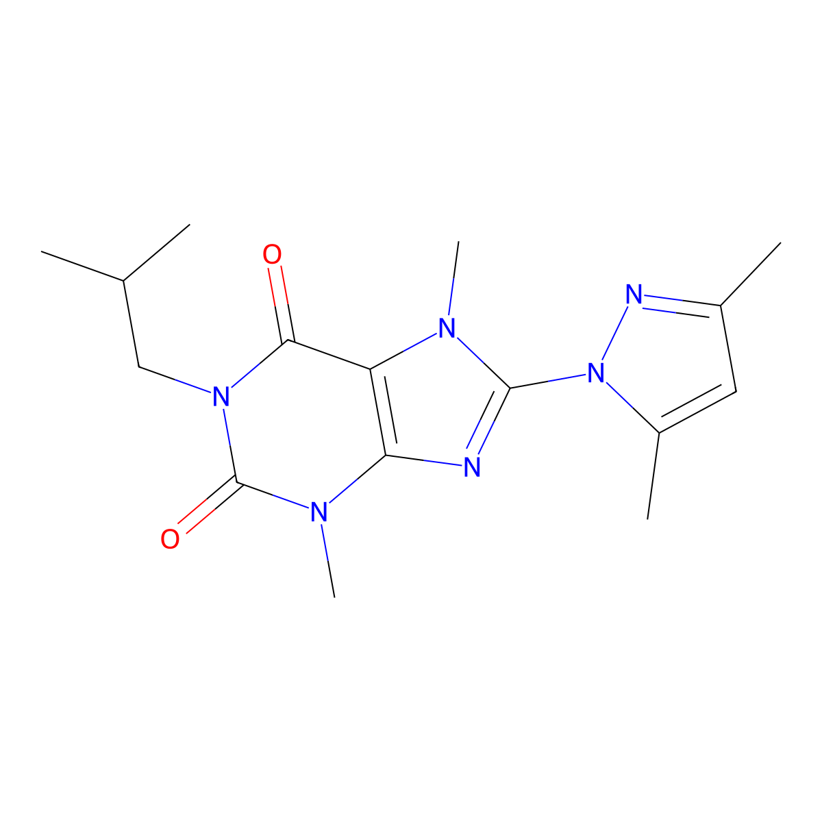 8-(3,5-dimethyl-1H-pyrazol-1-yl)-1-isobutyl-3,7-dimethyl-1H-purine-2,6(3H,7H)-dione molecular structure, CAS 1014074-19-1