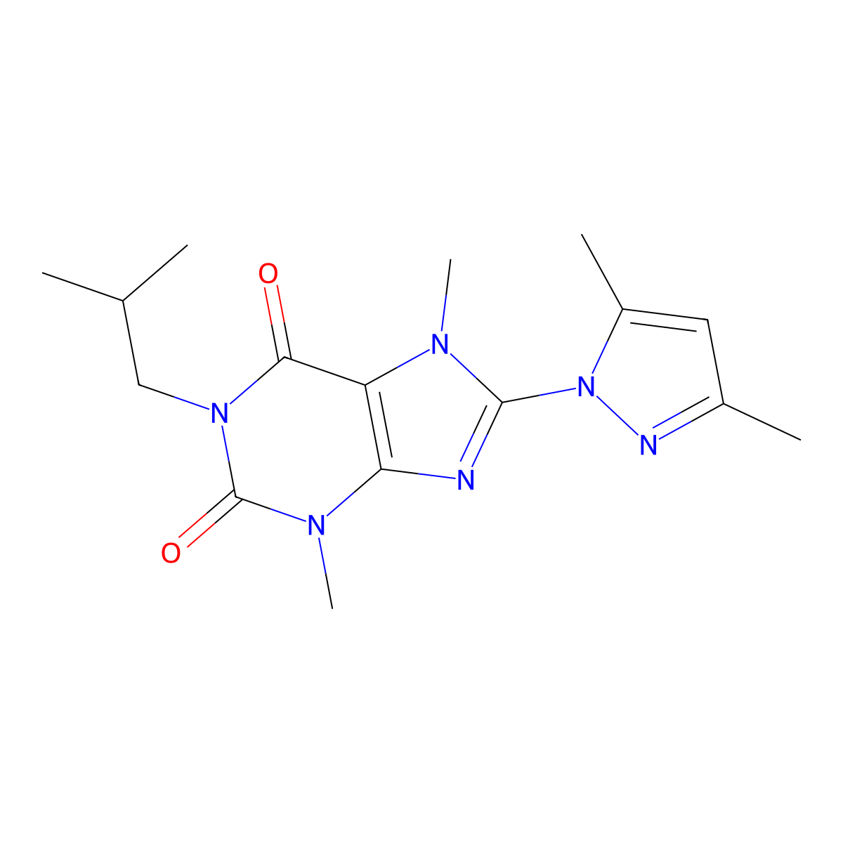 8-(3,5-dimethyl-1H-pyrazol-1-yl)-1-isobutyl-3,7-dimethyl-1H-purine-2,6(3H,7H)-dione molecular structure, CAS 1014074-19-1