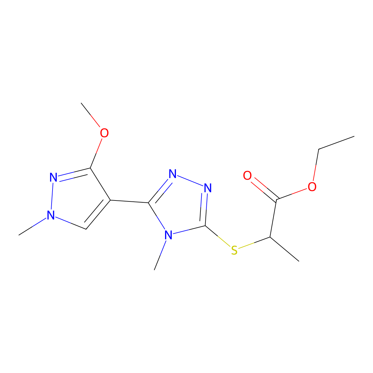 ethyl 2-((5-(3-methoxy-1-methyl-1H-pyrazol-4-yl)-4-methyl-4H-1,2,4-triazol-3-yl)thio)propanoate molecular structure, CAS 1014074-23-7