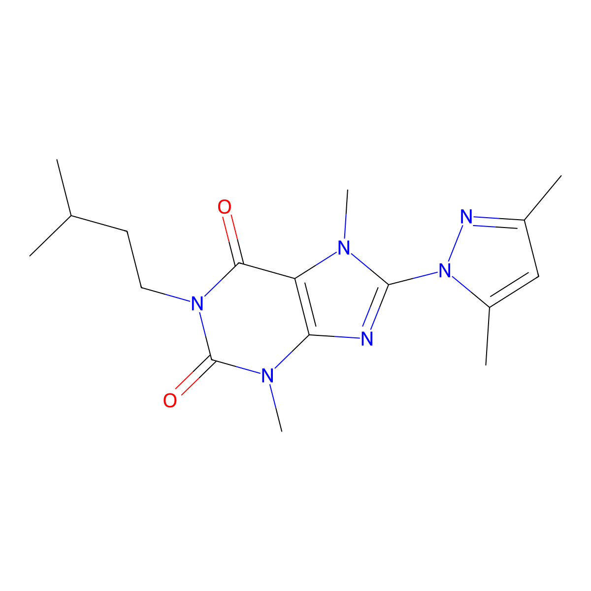 8-(3,5-dimethyl-1H-pyrazol-1-yl)-3,7-dimethyl-1-(3-methylbutyl)-2,3,6,7-tetrahydro-1H-purine-2,6-dione molecular structure, CAS 1014074-36-2