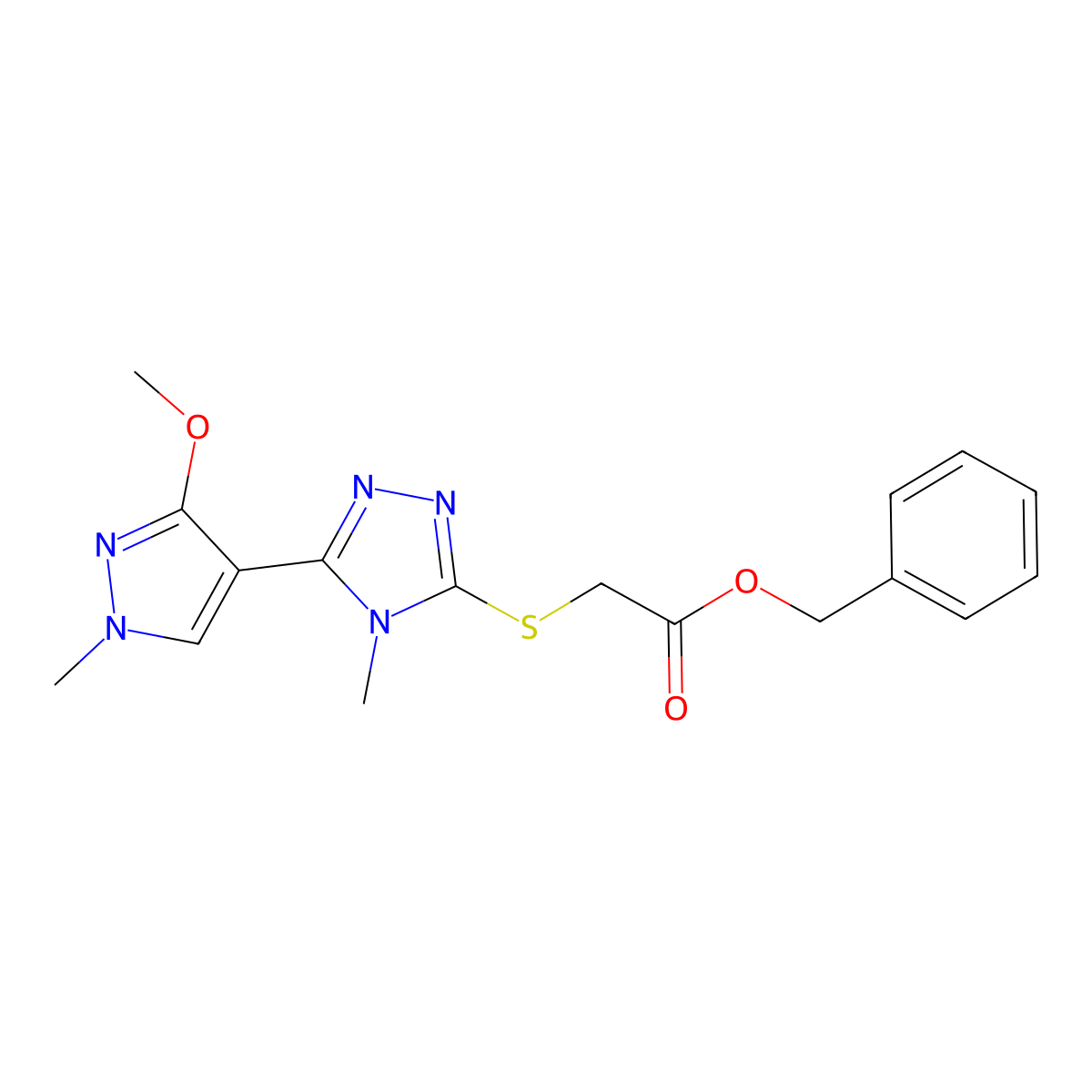benzyl 2-((5-(3-methoxy-1-methyl-1H-pyrazol-4-yl)-4-methyl-4H-1,2,4-triazol-3-yl)thio)acetate molecular structure, CAS 1014074-51-1