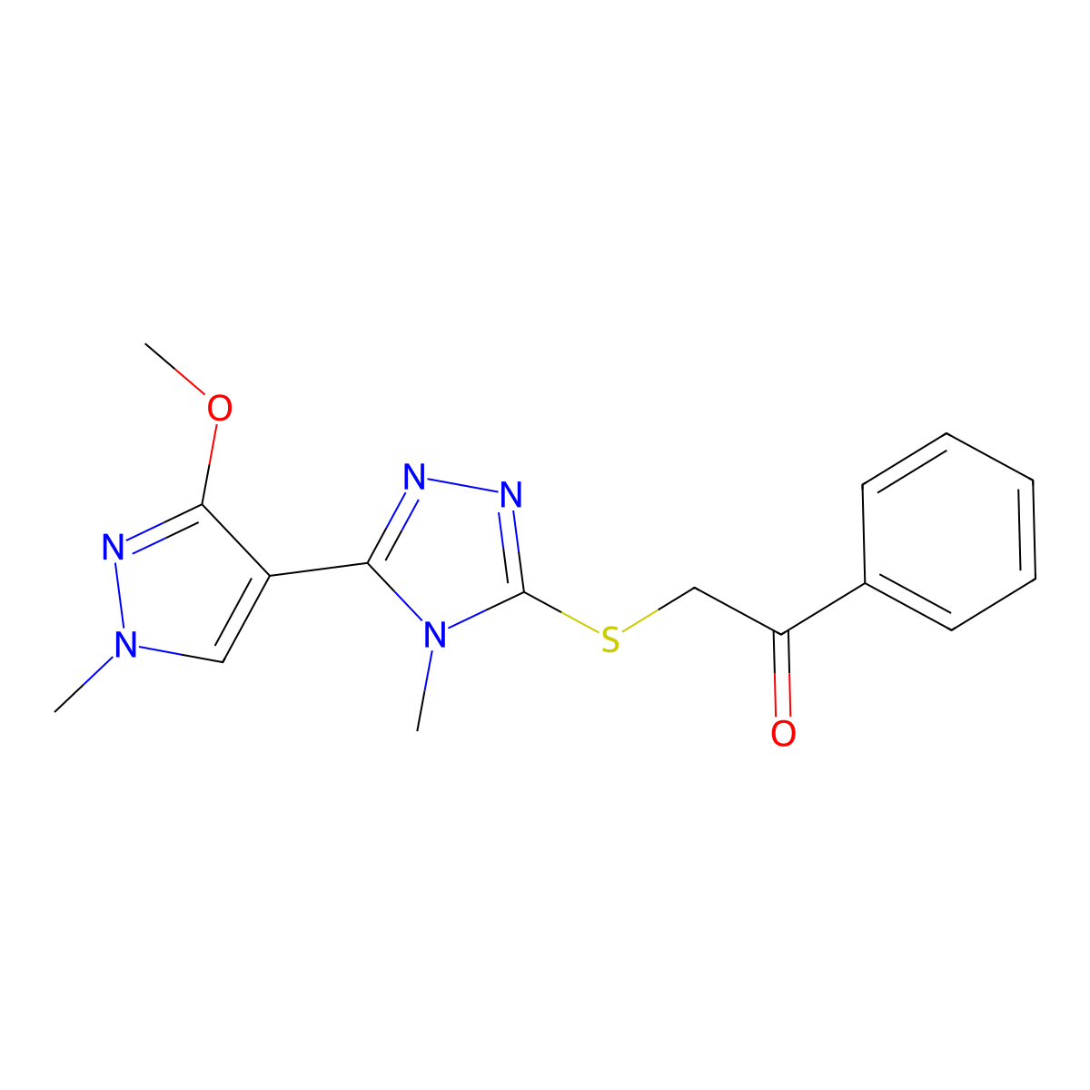 2-((5-(3-methoxy-1-methyl-1H-pyrazol-4-yl)-4-methyl-4H-1,2,4-triazol-3-yl)thio)-1-phenylethanone molecular structure, CAS 1014074-62-4