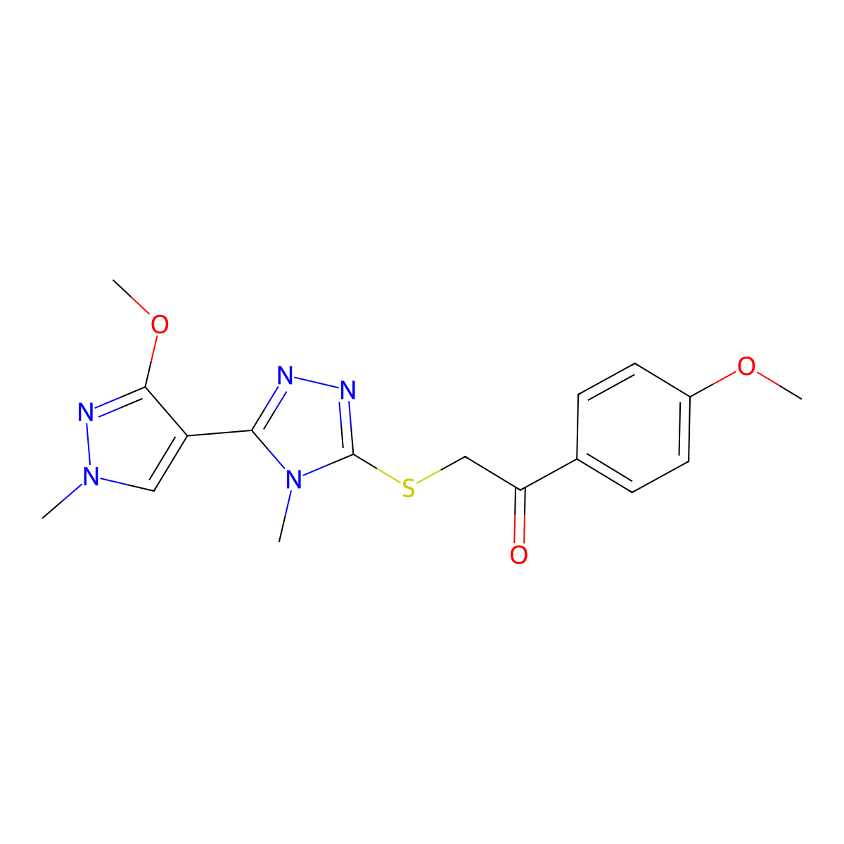 2-((5-(3-methoxy-1-methyl-1H-pyrazol-4-yl)-4-methyl-4H-1,2,4-triazol-3-yl)thio)-1-(4-methoxyphenyl)ethanone molecular structure, CAS 1014074-65-7