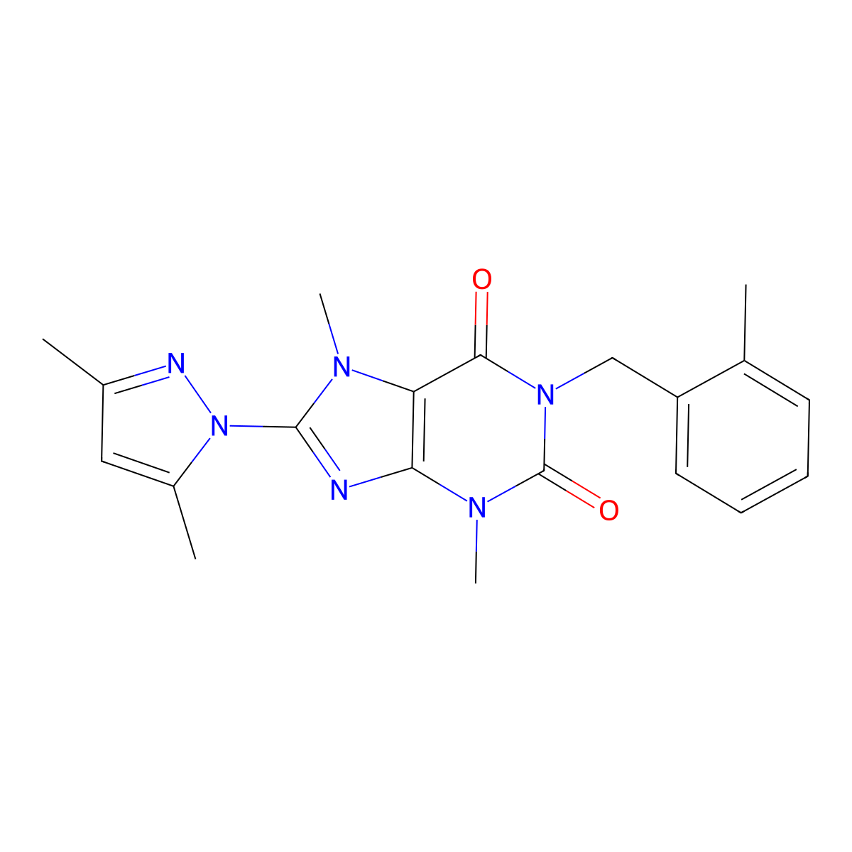 8-(3,5-dimethyl-1H-pyrazol-1-yl)-3,7-dimethyl-1-(2-methylbenzyl)-1H-purine-2,6(3H,7H)-dione molecular structure, CAS 1014074-67-9