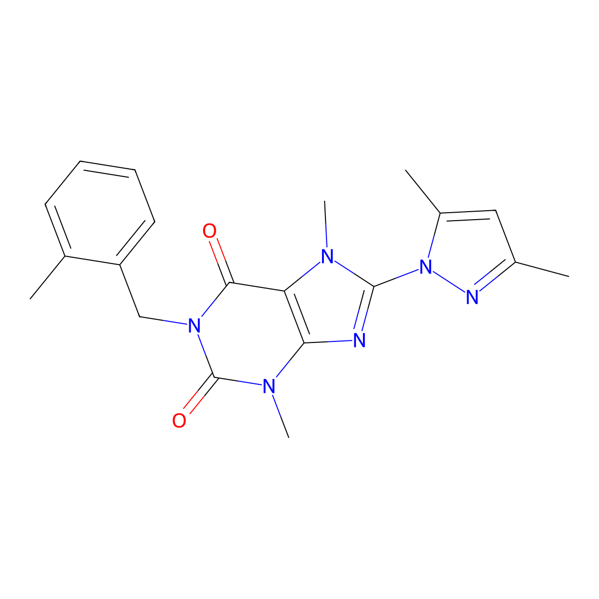 8-(3,5-dimethyl-1H-pyrazol-1-yl)-3,7-dimethyl-1-(2-methylbenzyl)-1H-purine-2,6(3H,7H)-dione molecular structure, CAS 1014074-67-9