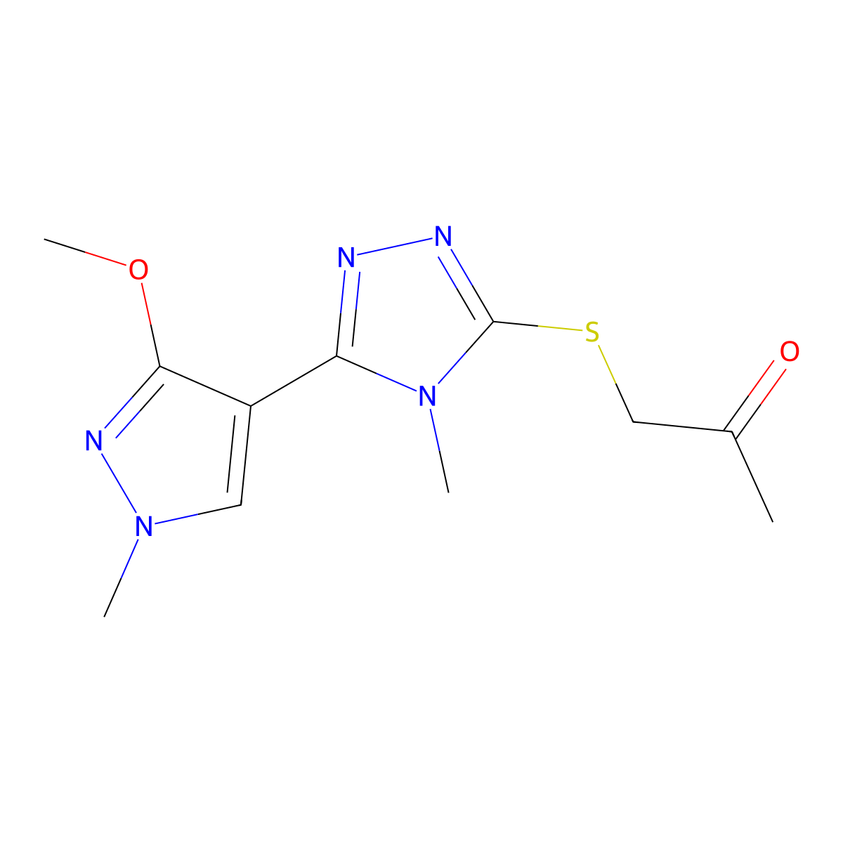 1-((5-(3-methoxy-1-methyl-1H-pyrazol-4-yl)-4-methyl-4H-1,2,4-triazol-3-yl)thio)propan-2-one molecular structure, CAS 1014074-69-1