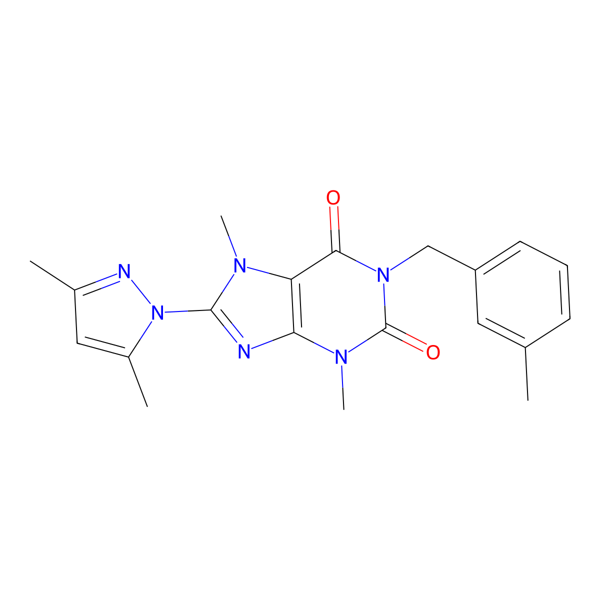 8-(3,5-dimethyl-1H-pyrazol-1-yl)-3,7-dimethyl-1-(3-methylbenzyl)-1H-purine-2,6(3H,7H)-dione molecular structure, CAS 1014074-70-4